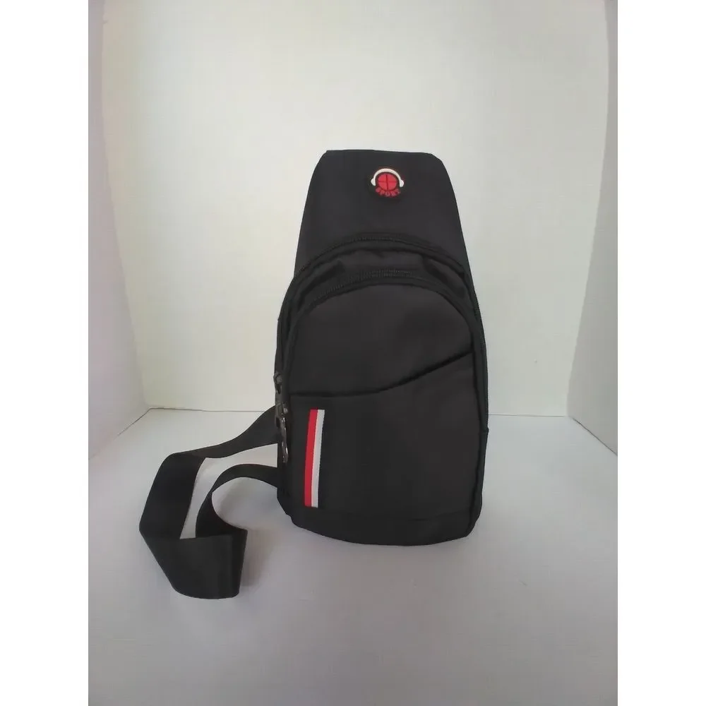 Sporty Black Crossbody Sling Bag Red White Stripe Detail Compact Travel Daypack‎
